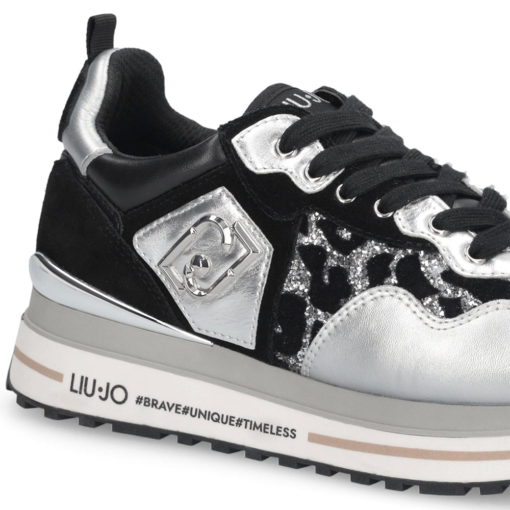 Sneakers Platform Donna LIU JO Maxi Wonder 01 in Pelle Suede e Inserti Glitter Animalier Silver Black