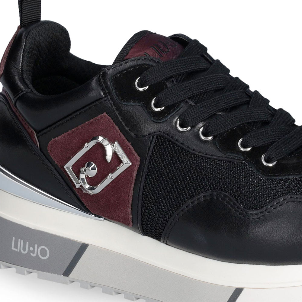 Sneakers Platform Donna LIU JO Maxi Wonder 01 in Pelle Nera e Brighty Mesh Cremisi
