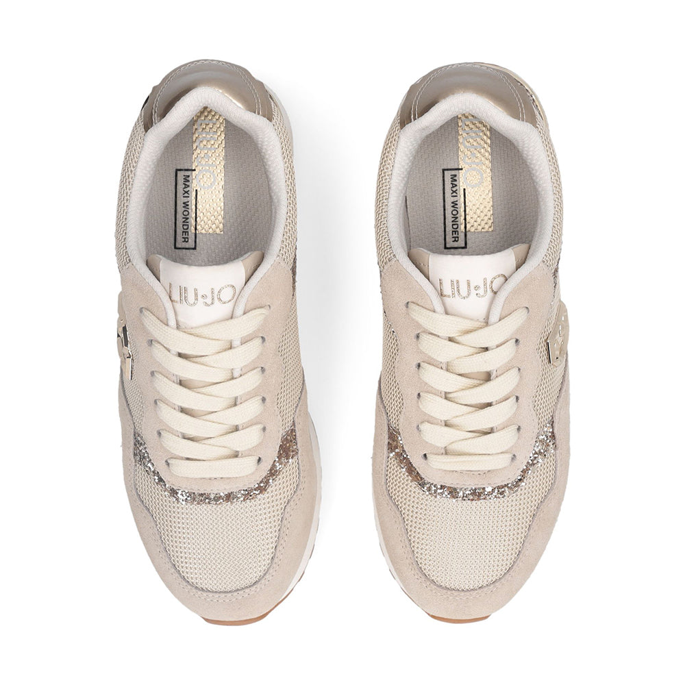Sneakers Running LIU JO Maxi Wonder Low 02 in Glitter Mesh e Suede Corda Light Gold