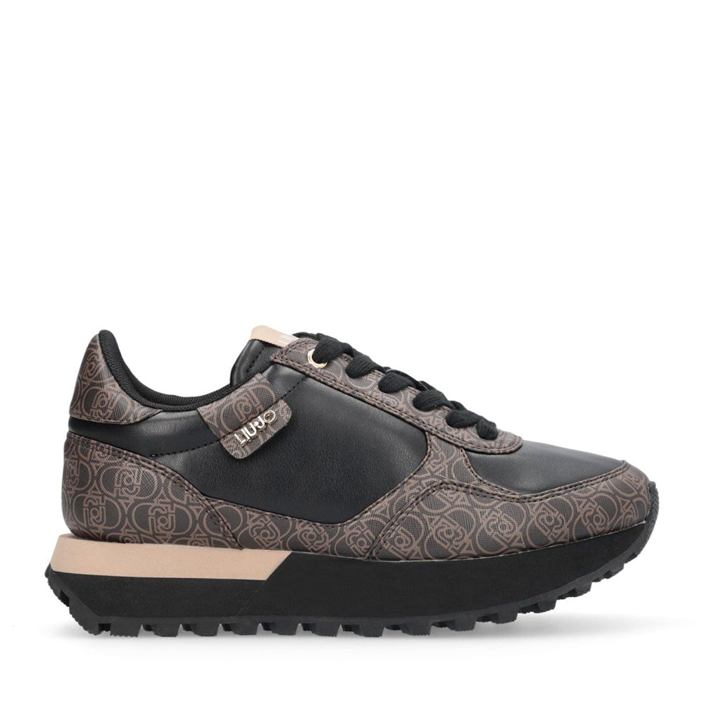 Sneakers Running LIU JO Evelyn 915 effetto Saffiano con Logo Monogram All Over Marrone e Nero