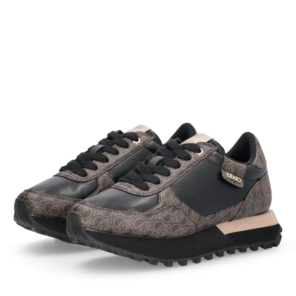 Sneakers Running LIU JO Evelyn 915 effetto Saffiano con Logo Monogram All Over Marrone e Nero