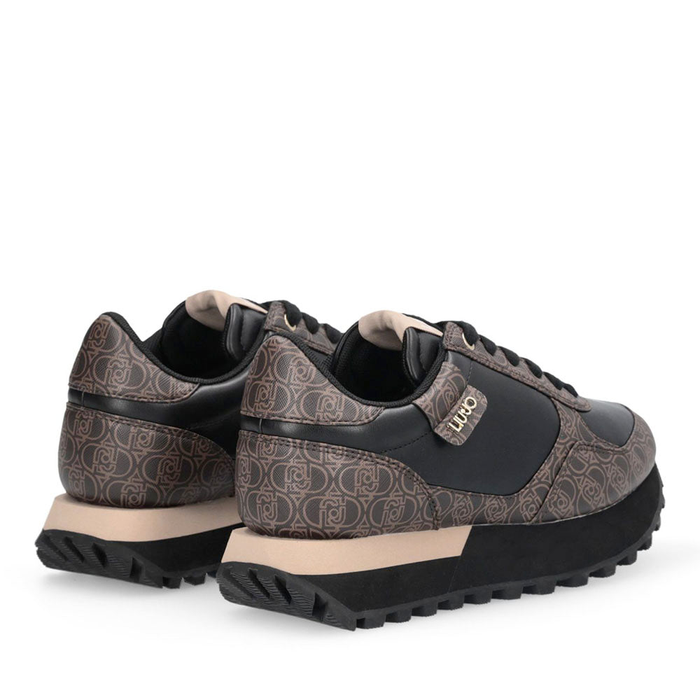 Sneakers Running LIU JO Evelyn 915 effetto Saffiano con Logo Monogram All Over Marrone e Nero