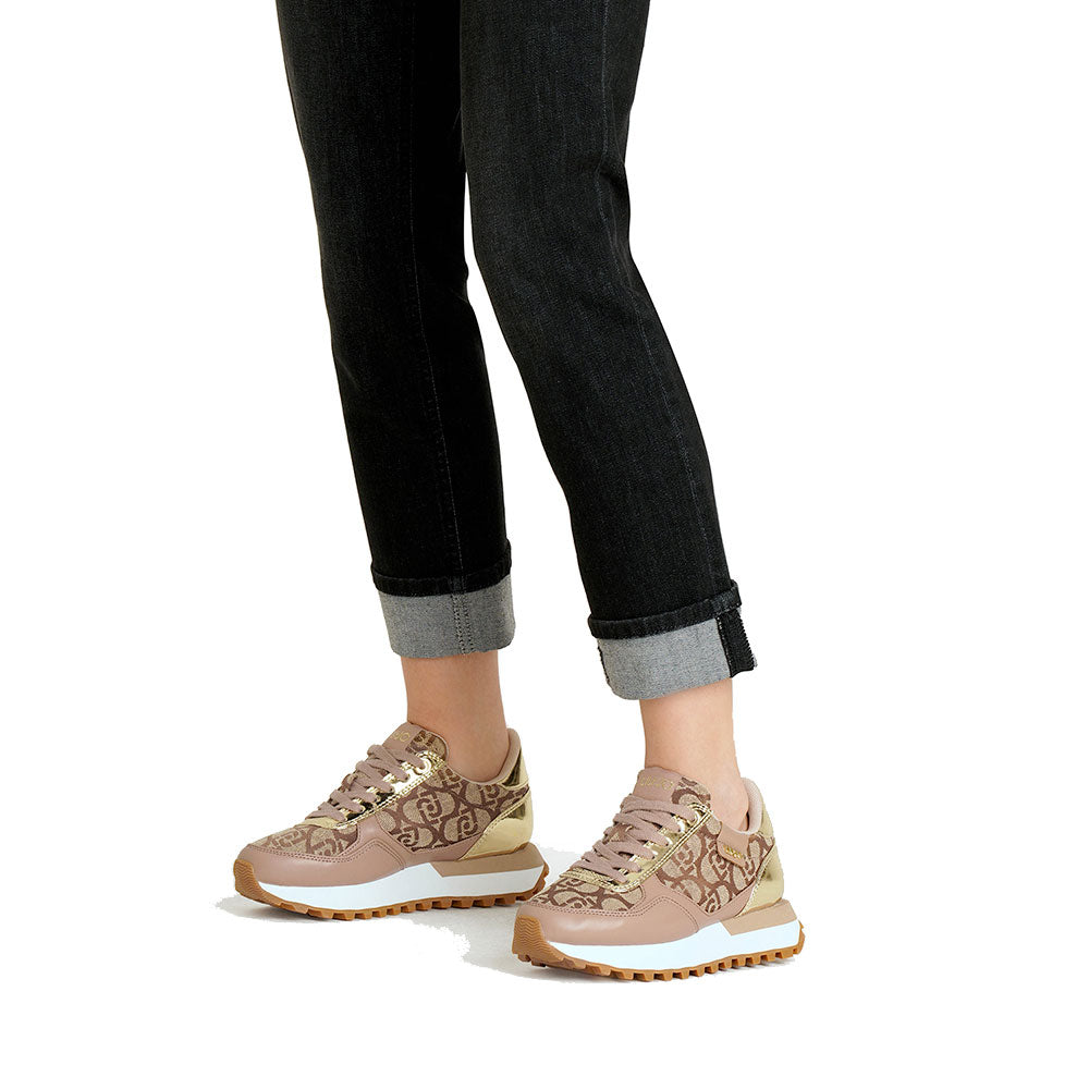 Sneakers Running LIU JO Evelyn 915 in Tessuto Jacquard con Logo Monogram Beige Gold