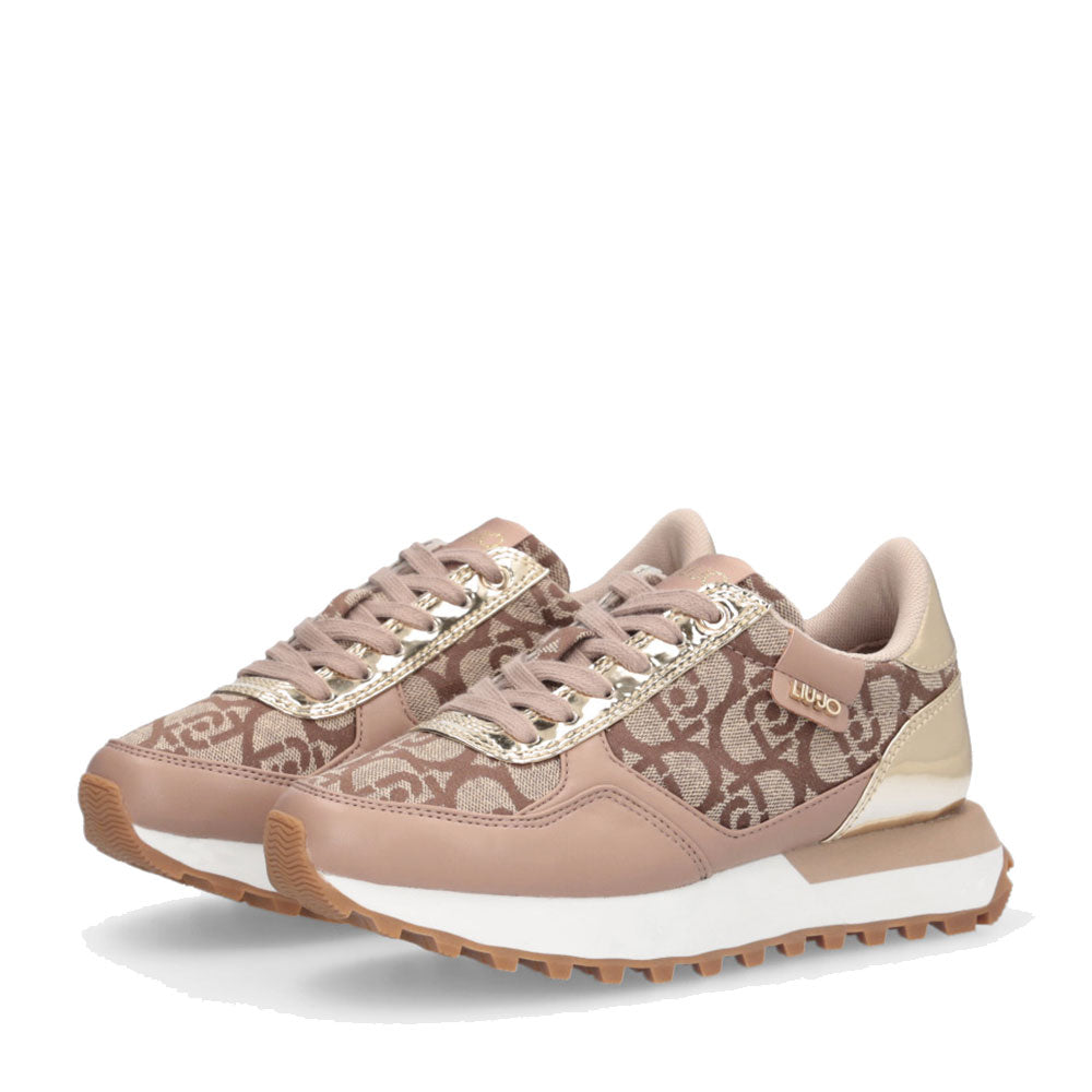 Sneakers Running LIU JO Evelyn 915 in Tessuto Jacquard con Logo Monogram Beige Gold