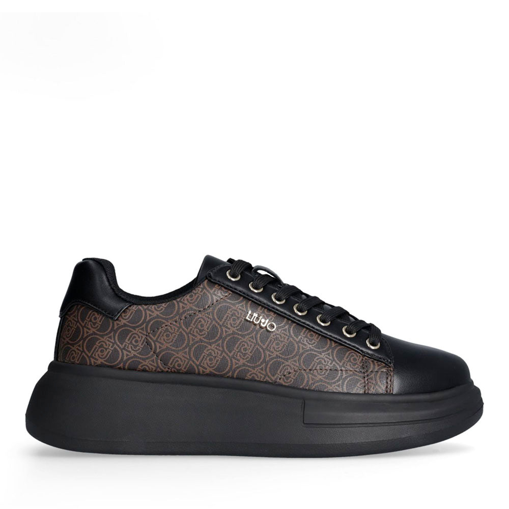 Sneakers Platform LIU JO Babol 01 effetto Saffiano con Logo Monogram All Over Nero e Marrone