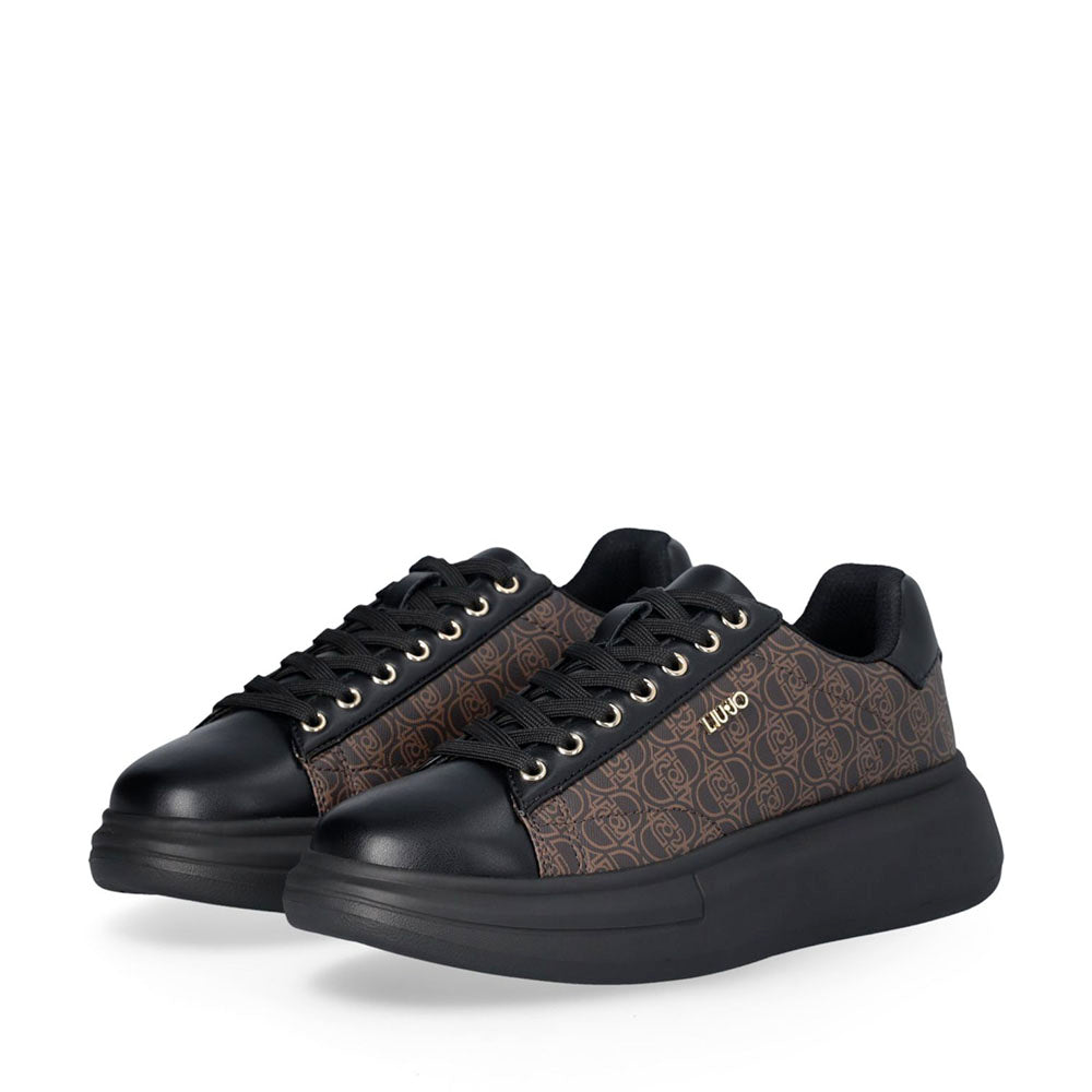 Sneakers Platform LIU JO Babol 01 effetto Saffiano con Logo Monogram All Over Nero e Marrone