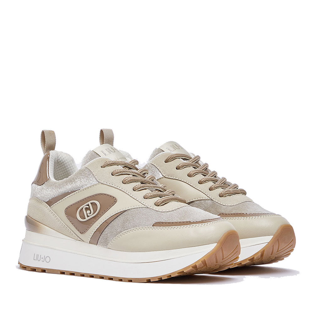 Sneakers Platform Donna LIU JO Maxi Wonder 97 in Pelle e Tessuto Effeto Velluto Beige