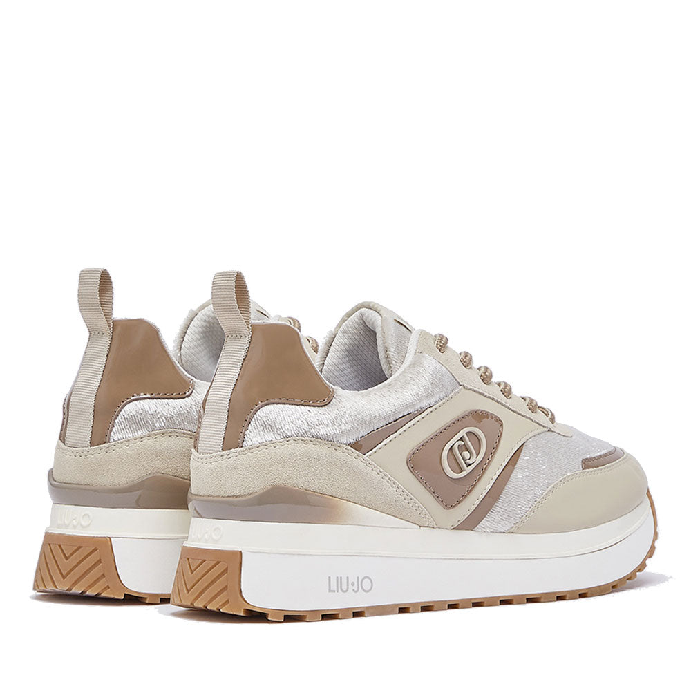 Women's Beige Platform Sneakers LIU JO Maxi Wonder 97 in Leather and Velvet-Effect Fabric