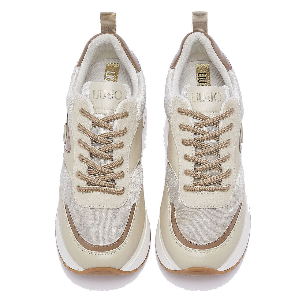Women's Beige Platform Sneakers LIU JO Maxi Wonder 97 in Leather and Velvet-Effect Fabric