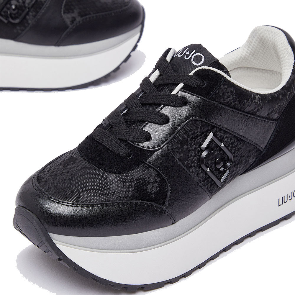 Women's Black Super Platform Sneakers LIU JO Maxi Wonder Plus 02 Bis in Suede with Python-Effect Inserts