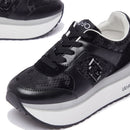 Women's Black Super Platform Sneakers LIU JO Maxi Wonder Plus 02 Bis in Suede with Python-Effect Inserts