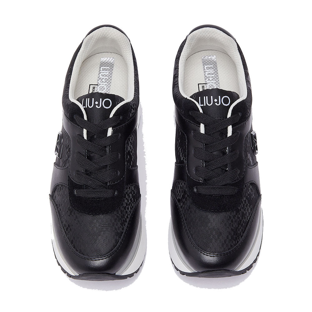 Women's Black Super Platform Sneakers LIU JO Maxi Wonder Plus 02 Bis in Suede with Python-Effect Inserts