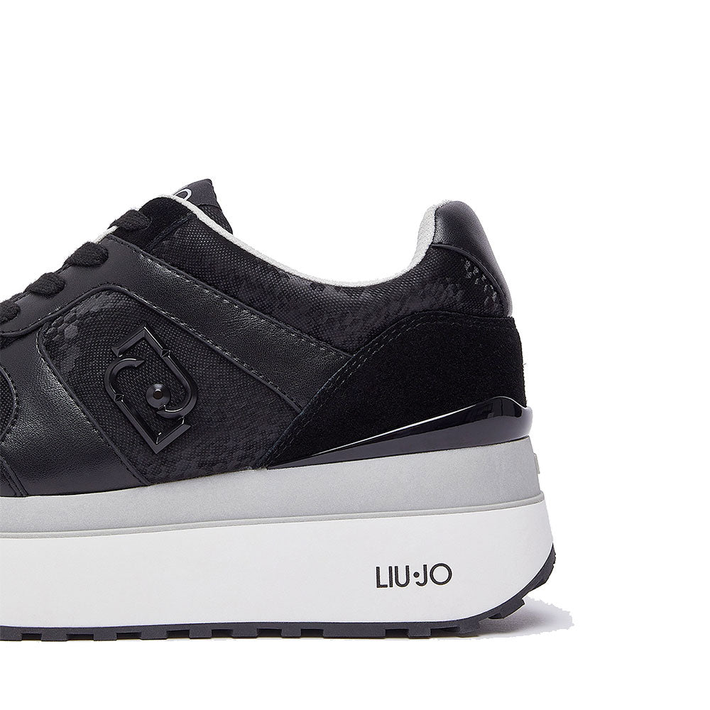 Women's Black Super Platform Sneakers LIU JO Maxi Wonder Plus 02 Bis in Suede with Python-Effect Inserts