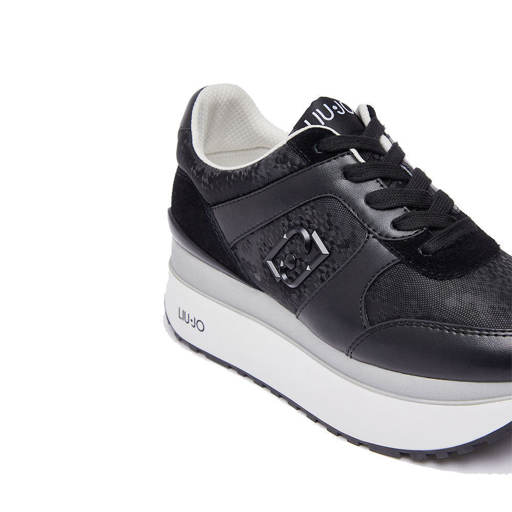 Women's Black Super Platform Sneakers LIU JO Maxi Wonder Plus 02 Bis in Suede with Python-Effect Inserts