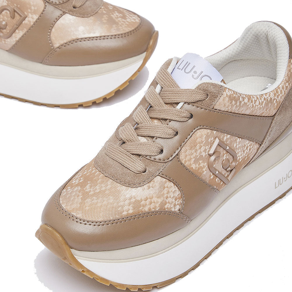 Women's Beige Super Platform Sneakers LIU JO Maxi Wonder Plus 02 Bis in Suede with Python-Effect Inserts