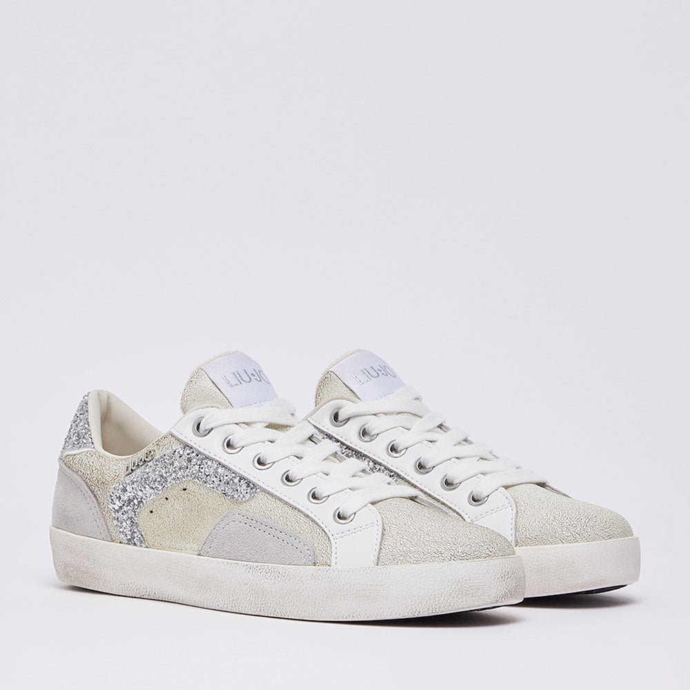 Sneakers Donna LIU JO Miley C 01 in Pelle Crackle Bianca con Inserti Glitter
