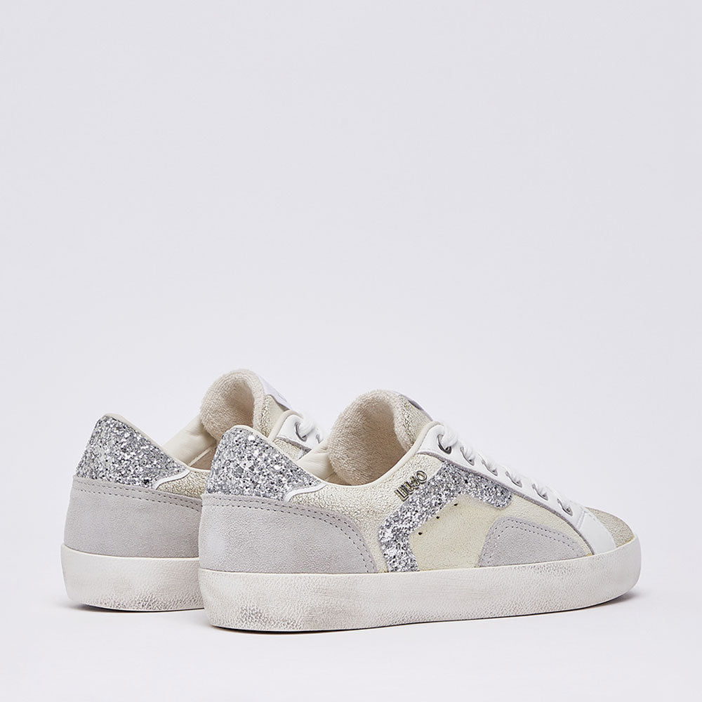 Sneakers Donna LIU JO Miley C 01 in Pelle Crackle Bianca con Inserti Glitter