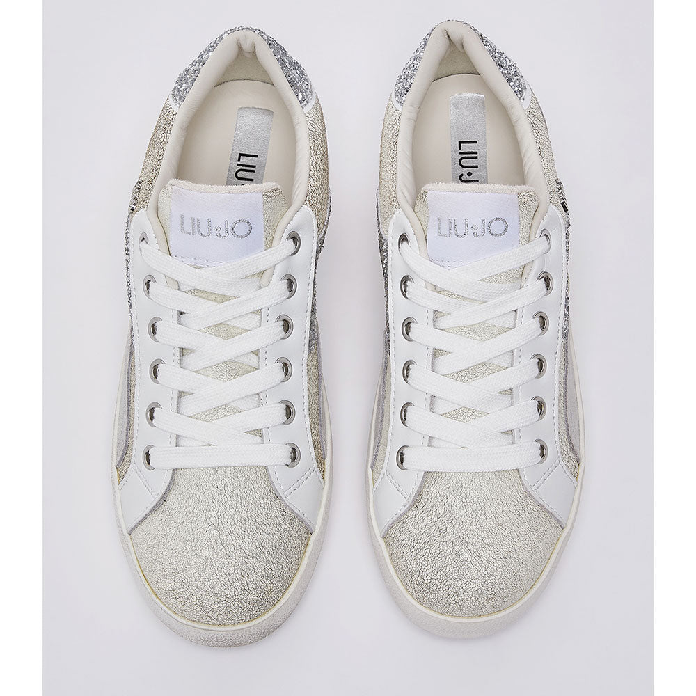 Sneakers Donna LIU JO Miley C 01 in Pelle Crackle Bianca con Inserti Glitter
