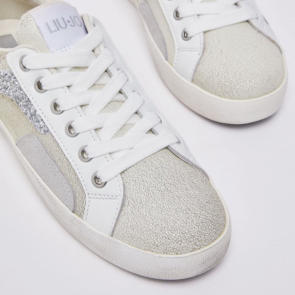 Sneakers Donna LIU JO Miley C 01 in Pelle Crackle Bianca con Inserti Glitter