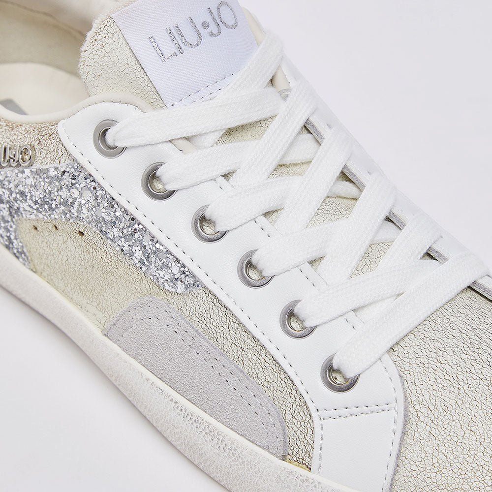Sneakers Donna LIU JO Miley C 01 in Pelle Crackle Bianca con Inserti Glitter