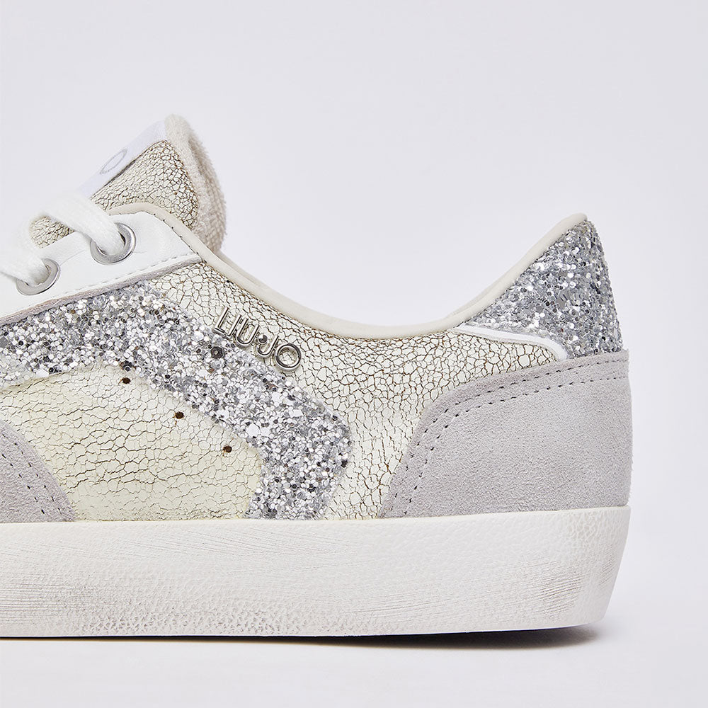 Sneakers Donna LIU JO Miley C 01 in Pelle Crackle Bianca con Inserti Glitter