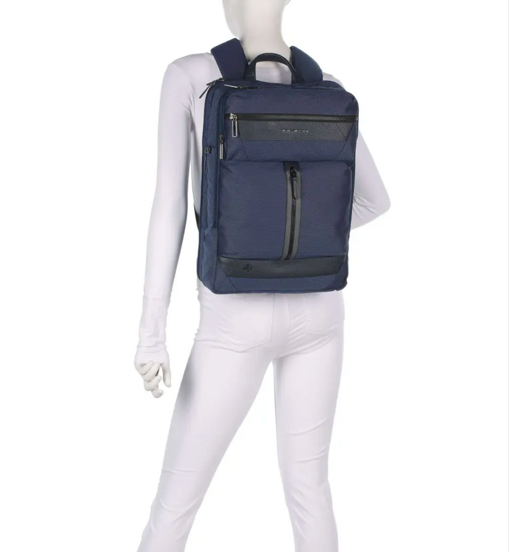 PIQUADRO Herren-Rucksack aus blauem Leder und Stoff, 15,6-Zoll-Laptop- und iPad-Halterung, Trakai-Linie – CA5525W109