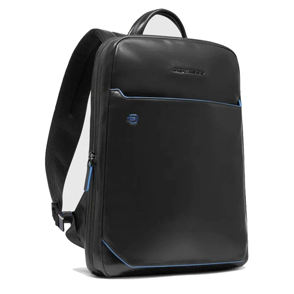 PIQUADRO Herrenrucksack, erweiterbar, mit 14"-Laptopfach, aus schwarzem Leder, Blue-Square-Linie – CA6311B2