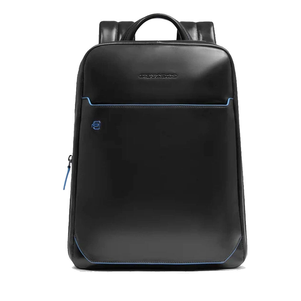 PIQUADRO Herrenrucksack, erweiterbar, mit 14"-Laptopfach, aus schwarzem Leder, Blue-Square-Linie – CA6311B2
