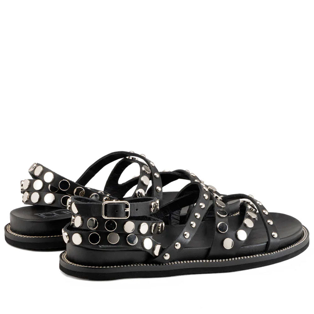 Damen-Sandalen CULT Roshelle 3886 aus schwarzem Leder mit flachen Nieten