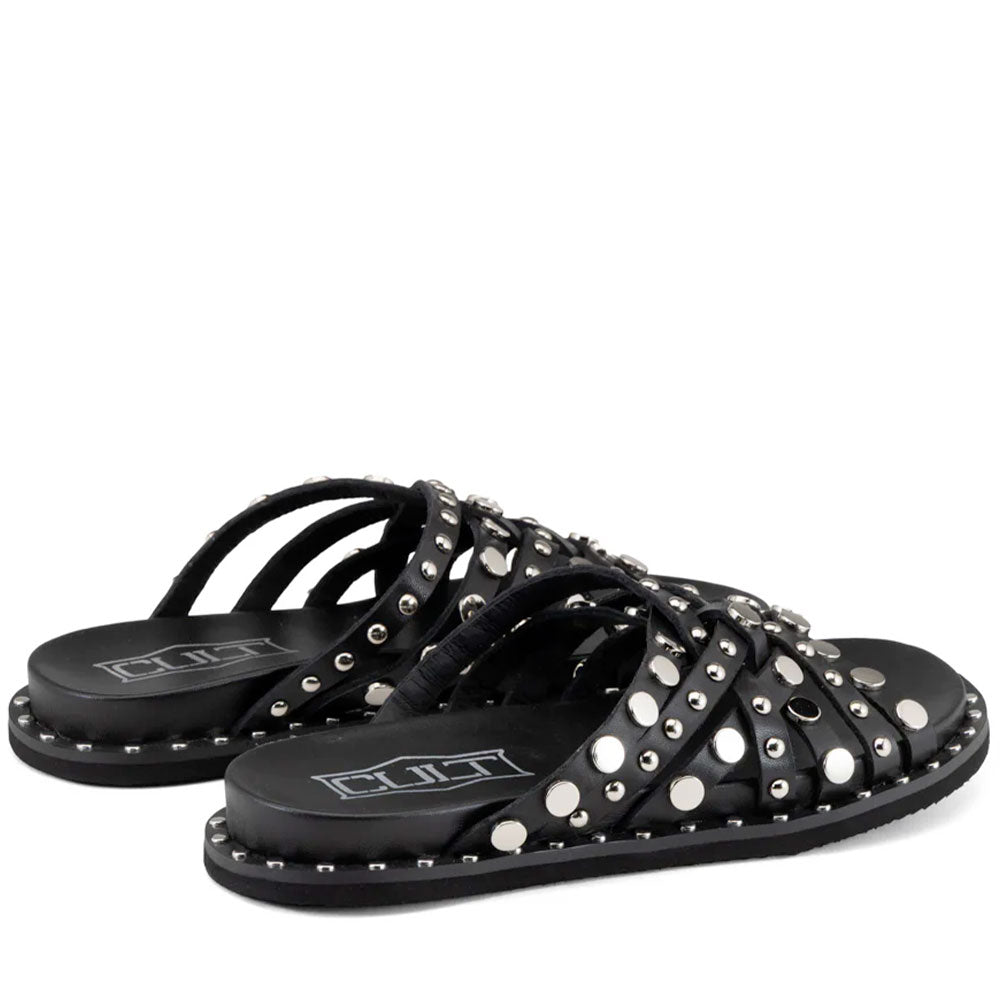 Damen-Pantoletten CULT Roshelle 4275 aus schwarzem Leder mit aufgesetzten flachen Nieten