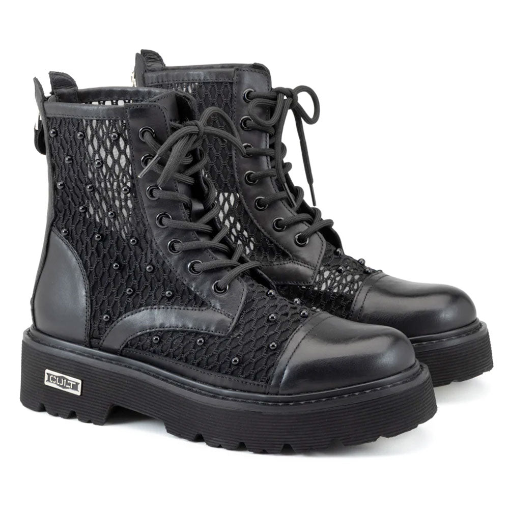 Scarpe Donna CULT Anfibi Slash 4696 in Pelle Nera Traforata e Mesh con Micro Borchie