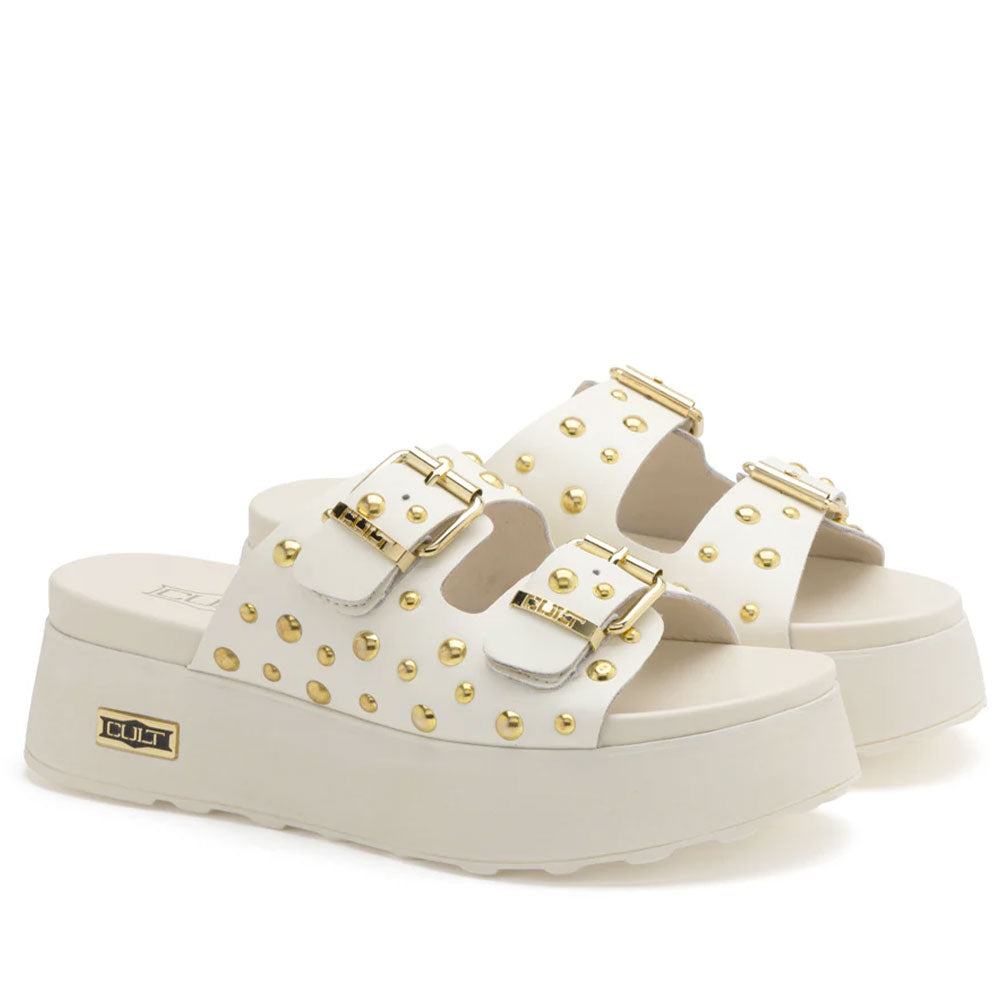 Ciabatte Donna CULT Janis 4740 in Pelle Off White con Borchie Oro