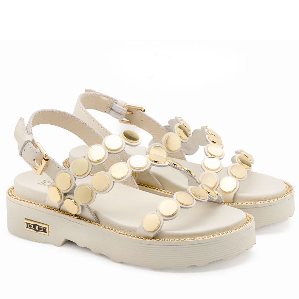Sandali Donna CULT Ziggy 4770 in Pelle Bianca con Borchie Piatte Frontali