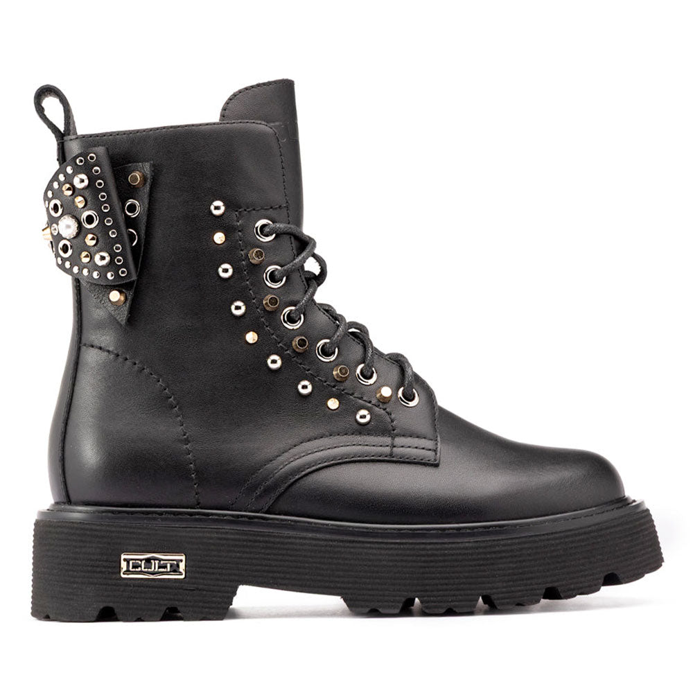 Scarpe Donna CULT Anfibi Slash 4822 in Pelle Nera con Borchie Applicate