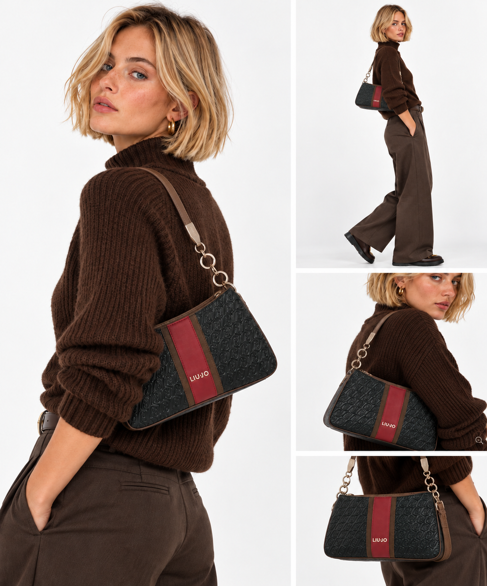 LIU JO Damen-Schultertasche, schwarz, mit durchgehendem Logoprägung