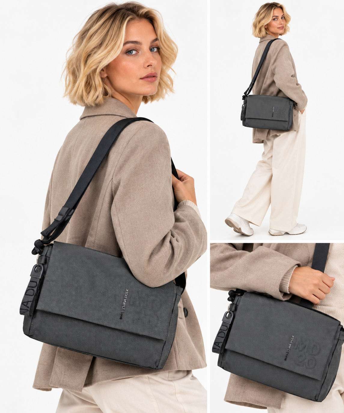 Damen-Umhängetasche MANDARINA DUCK mit Überschlag aus Stoff in Steel Modell MD20
