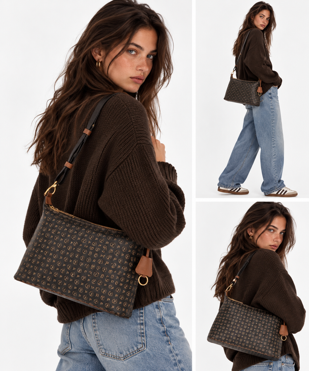 Damen-Schultertasche POLLINI Heritage Line Klassisches Logo Schwarz und Braun
