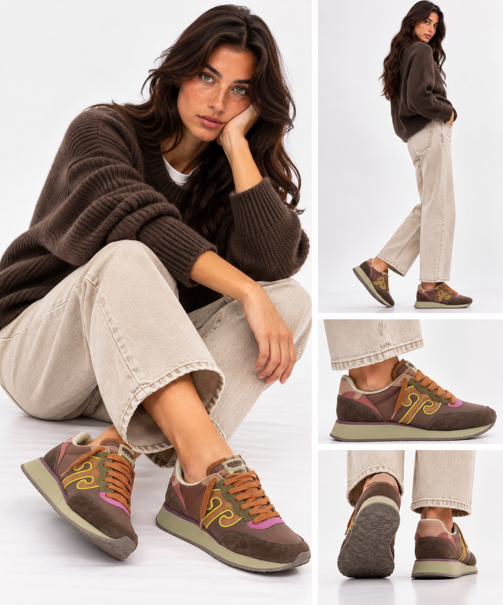 Sneakers Donna WUSHU RUYI Master 715 in Nylon e Suede Coffee Bean e Citronelle