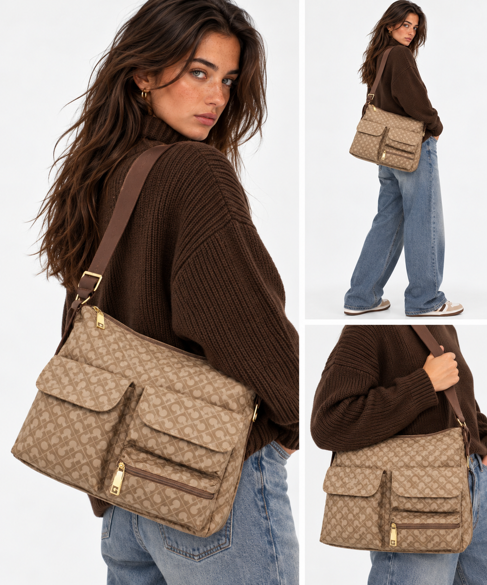 GHERARDINI Damen-Umhängetasche mit mehreren Fächern aus Softy-Gewebe in Chestnut