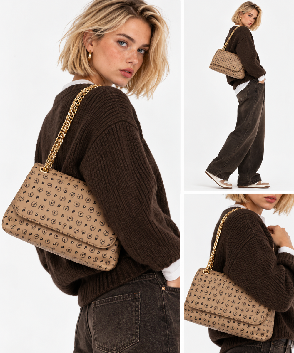 Damen-Schultertasche POLLINI Modell Heritage Soft in Taupe und Schwarz