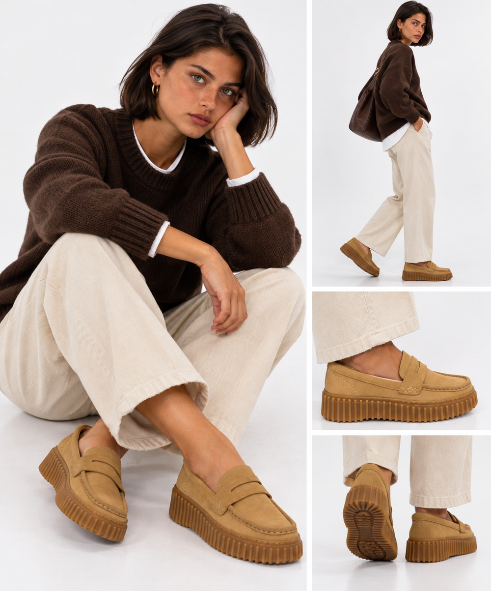 Damenmokassin CLARKS Linie Torhill Penny aus Wildleder in Sandfarbe