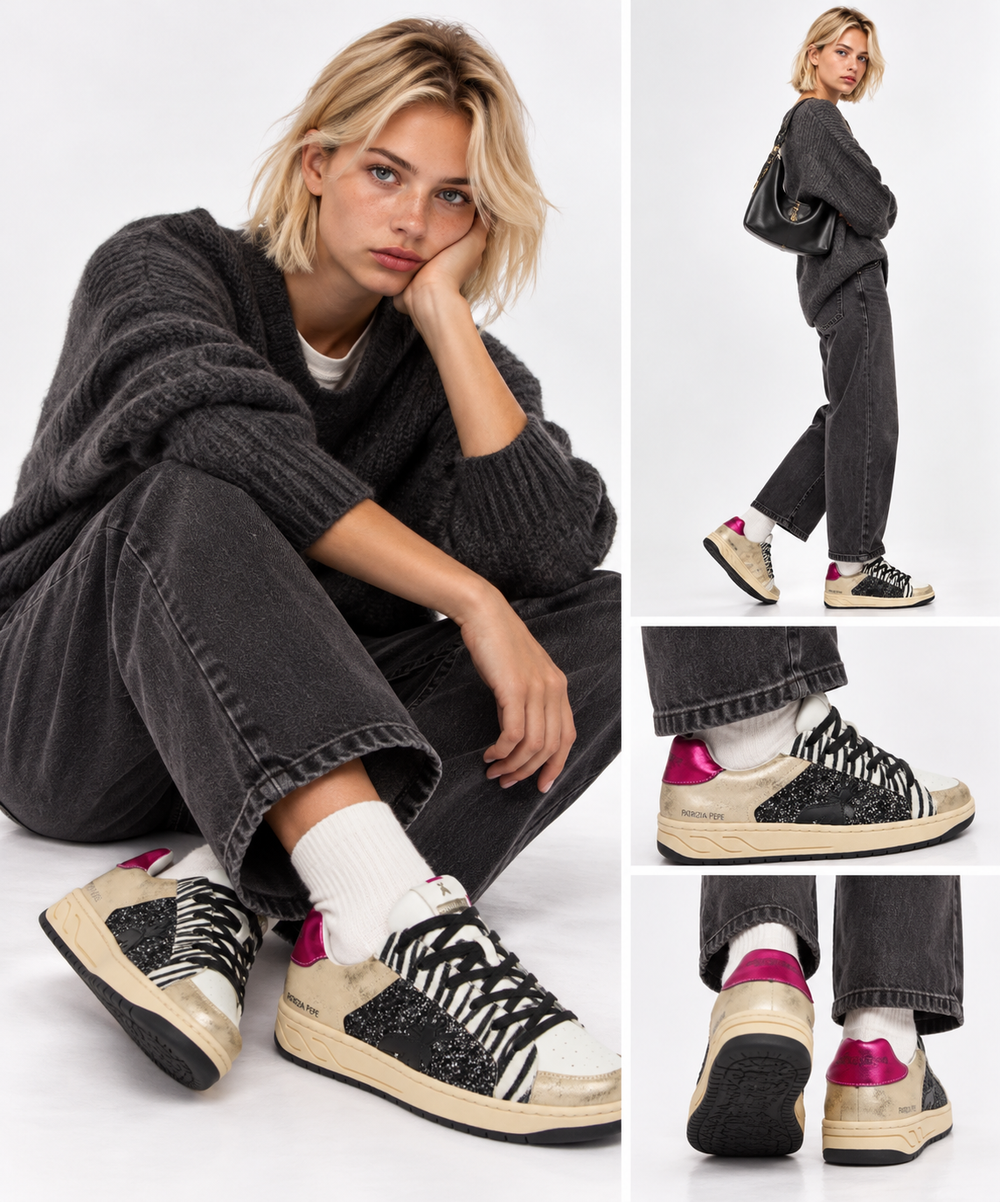 Sneakers PATRIZIA PEPE Girl Linie Fly Crazy Kids aus platinfarbenem Kunstleder-Laminat und schwarzem Glitzer