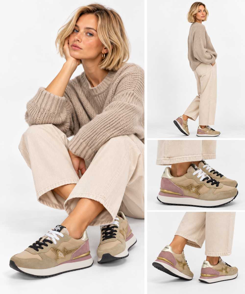 Sun68 Damen-Sneaker Stargirl Strass-Logo, Farbe Dunkelbeige - Z46223