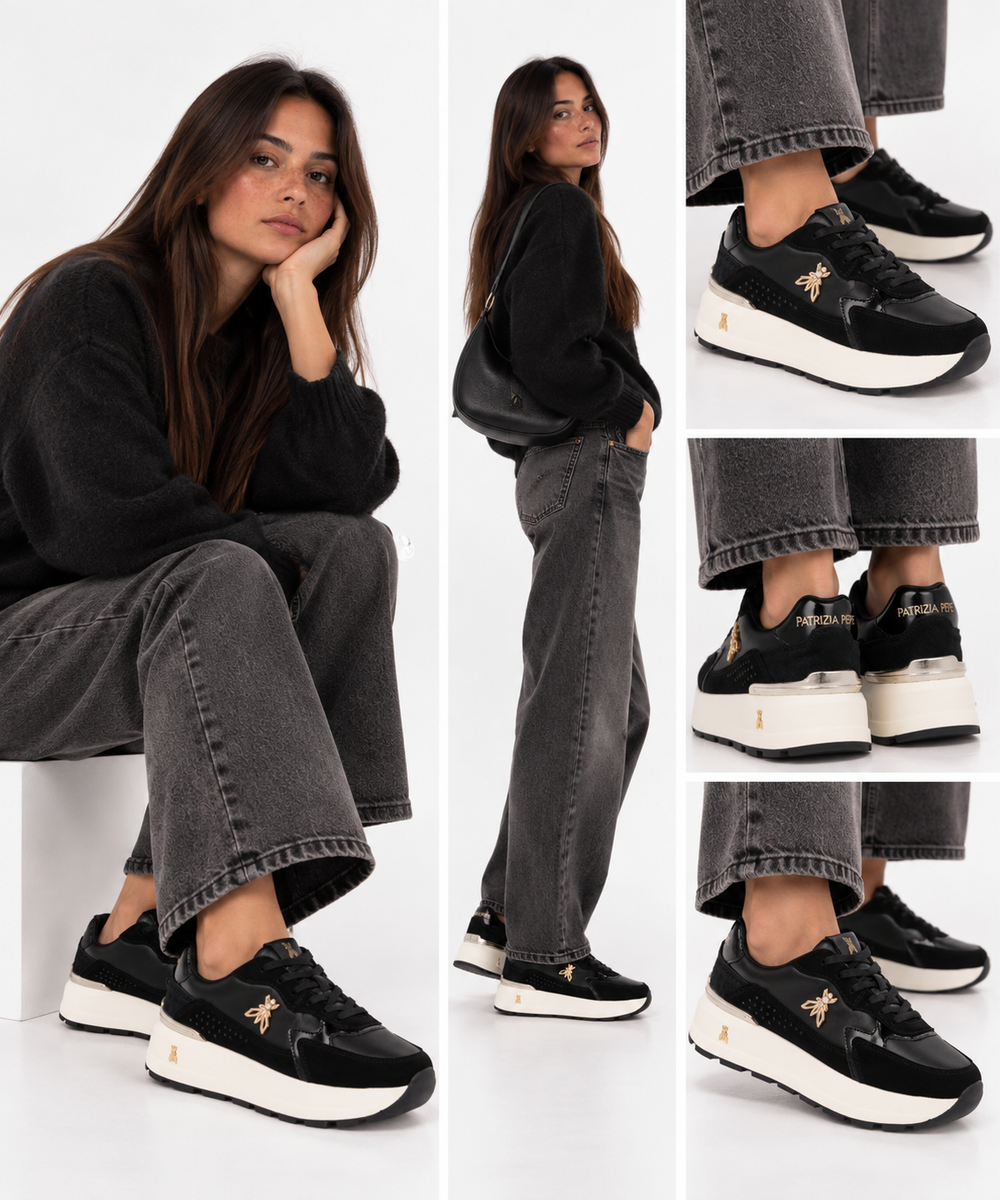Sneakers Running PATRIZIA PEPE Girl linea Fly Run in Pelle e Suede Nero Platino