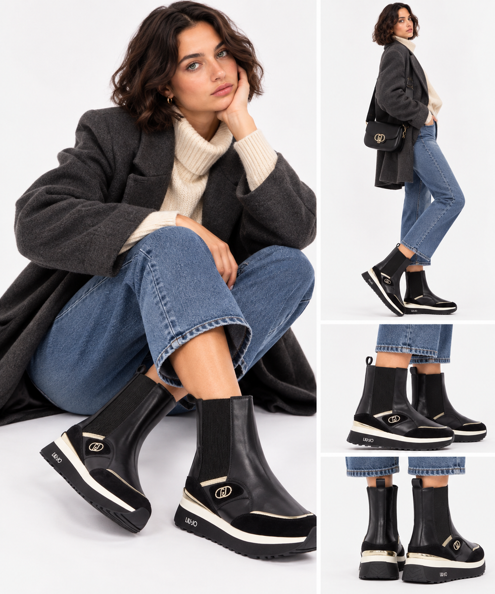 Women's Black Leather Sneaker Boots LIU JO Maxi Wonder 103