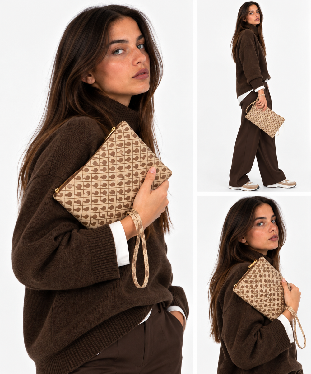 Pouch Grande GHERARDINI in Tessuto Softy colore Tabacco - Burro