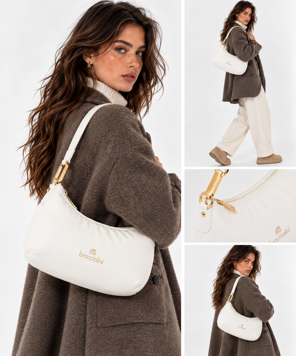 Mittelgroße Damen-Schultertasche BRACCIALINI Modell Beth Puffy aus weißem Nylon