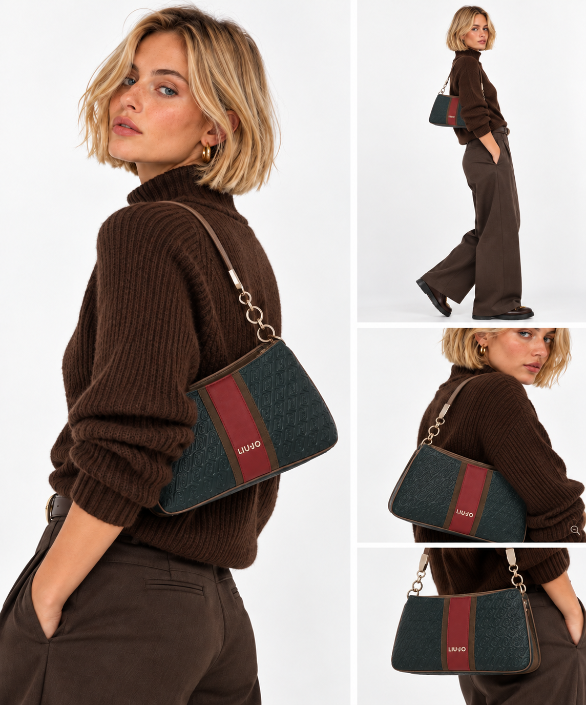 Damen-Schultertasche LIU JO in Waldgrün mit geprägtem Logo-Allover-Print