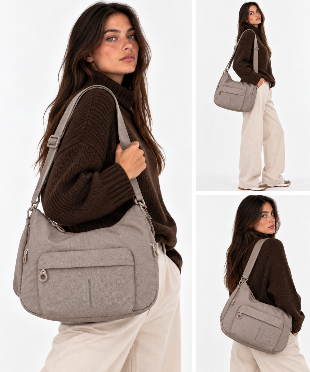 Borsa Donna a Tracolla a Mezzaluna MANDARINA DUCK in Tessuto Linea MD20 Colore Taupe