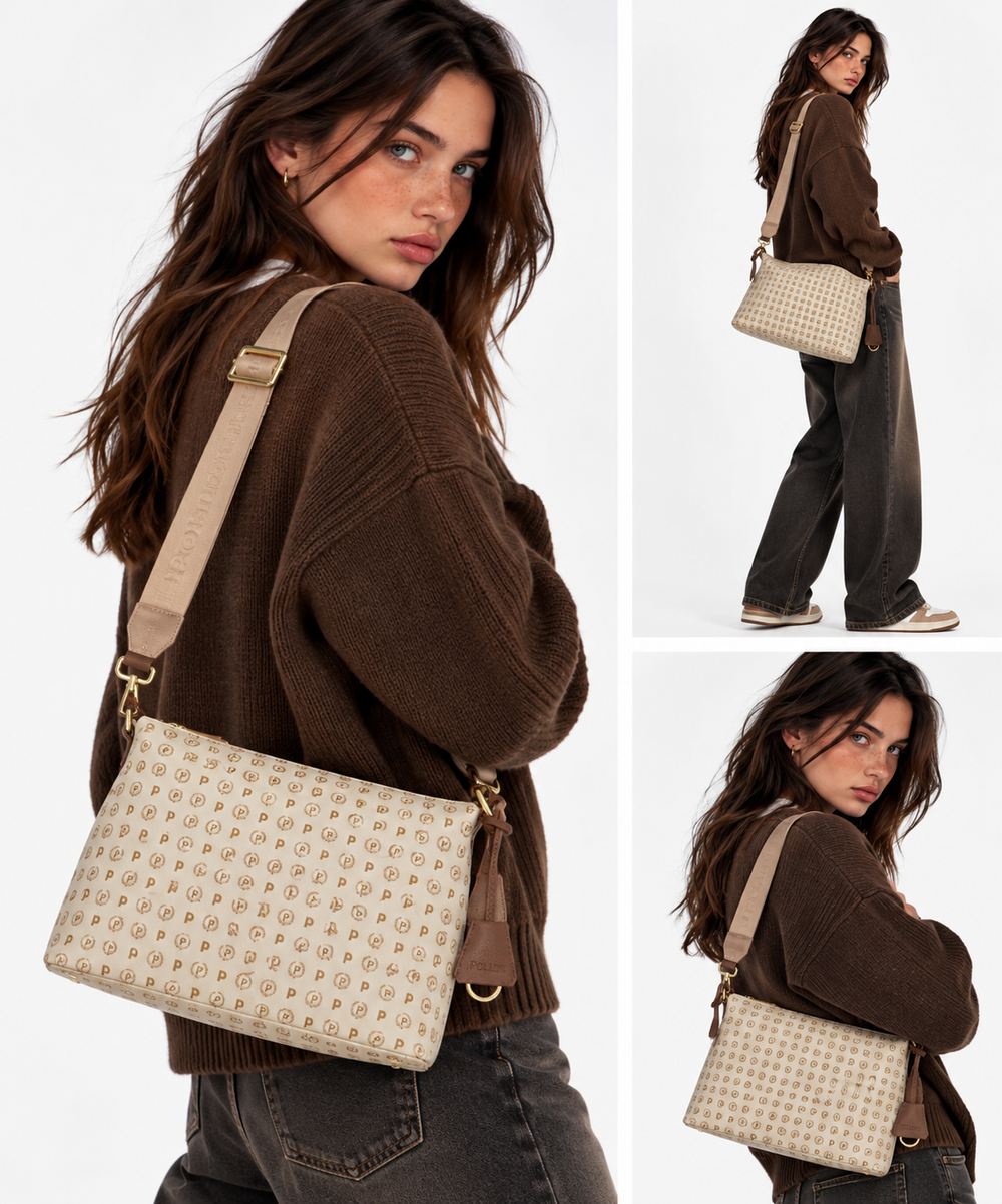 Umhängetasche für Damen POLLINI Heritage Logo Classic Linie Elfenbein und Braun